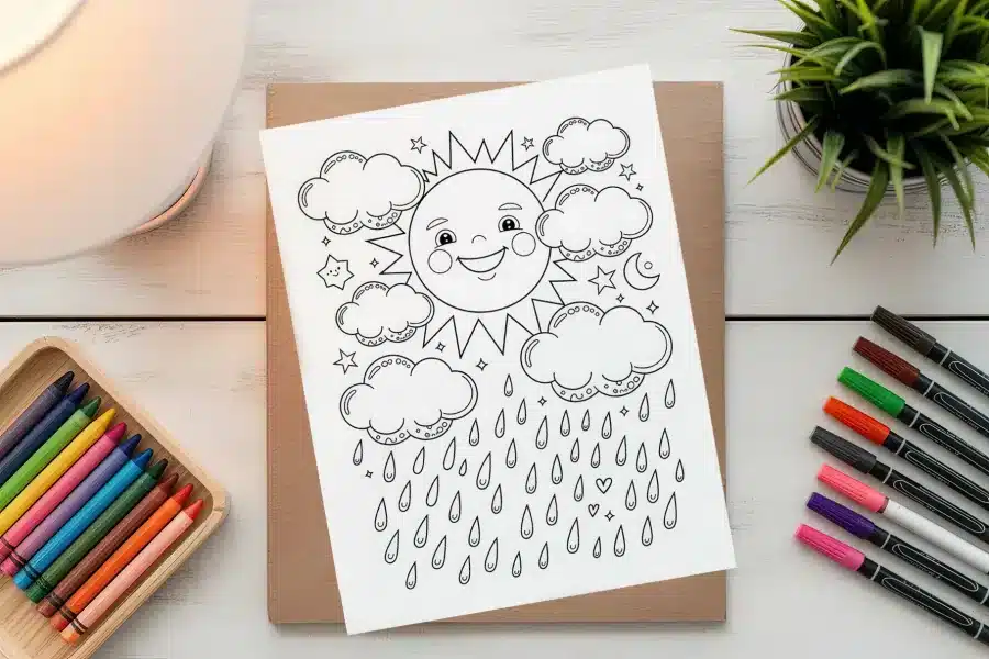 A Coloring Page Featuring A Smiling Sun Surrounded By Clouds And Rain.