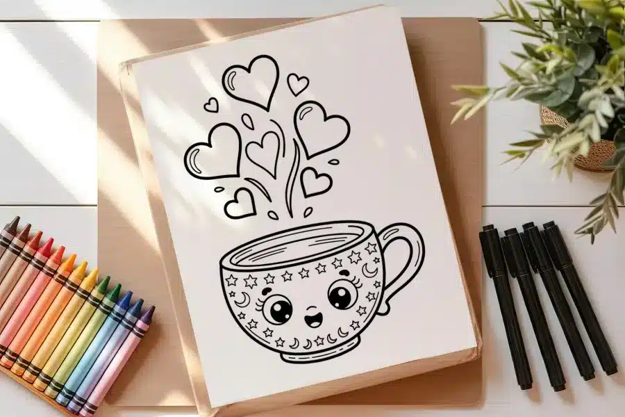 Line Drawing Of A Cute Mug With Hearts And Stars Emitting From It.