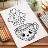 A Coloring Page Featuring A Cute Mug With Stars And Moons, Emitting Hearts.