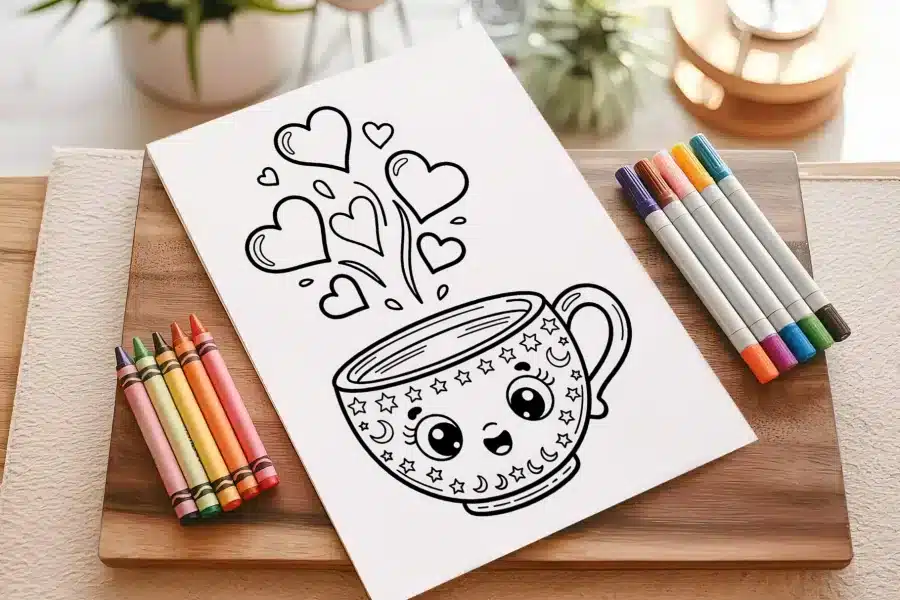 A Coloring Page Featuring A Cute Mug With Stars And Moons, Emitting Hearts.