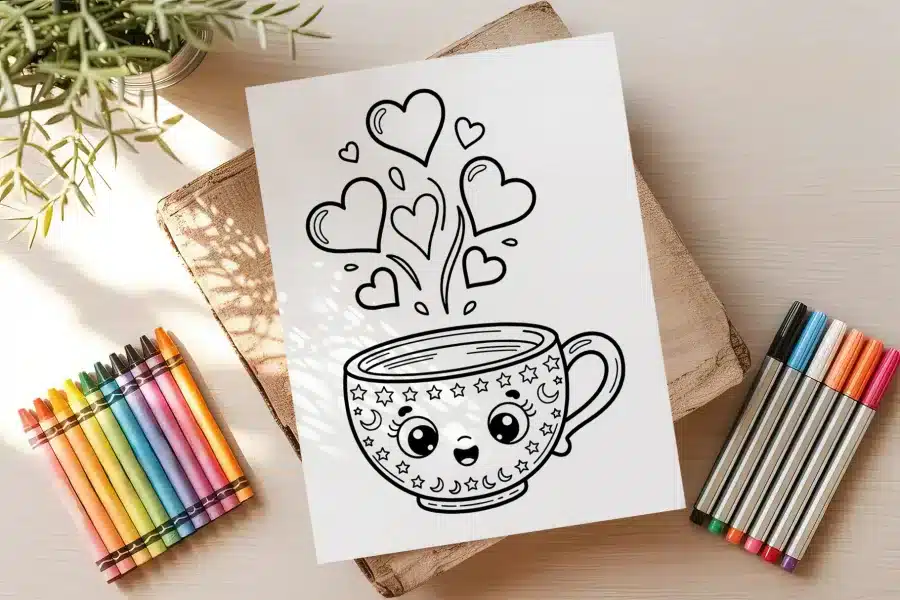 Line Drawing Of A Cute Mug With Hearts And Stars, Ready To Be Colored.
