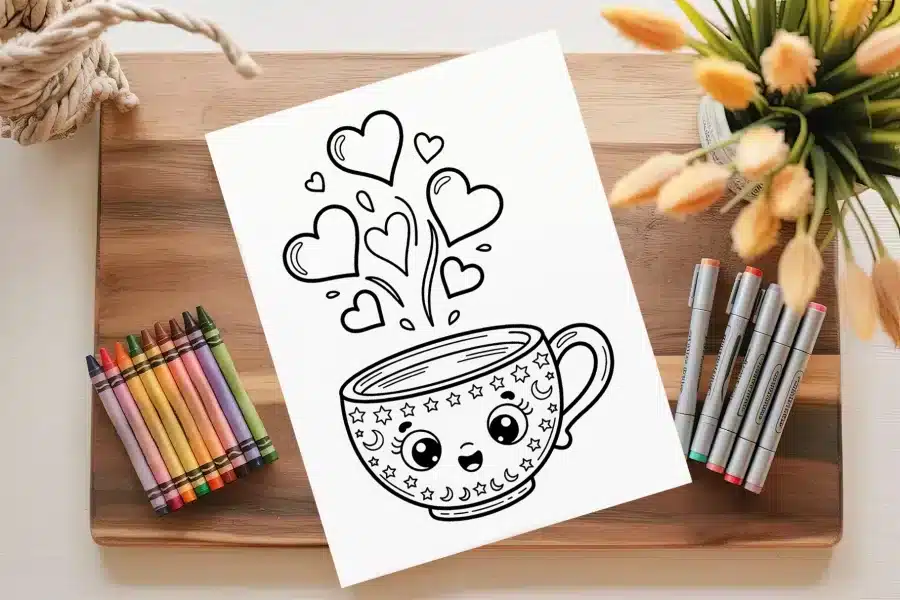 A Coloring Page Featuring A Cute Mug With Hearts Rising From It.