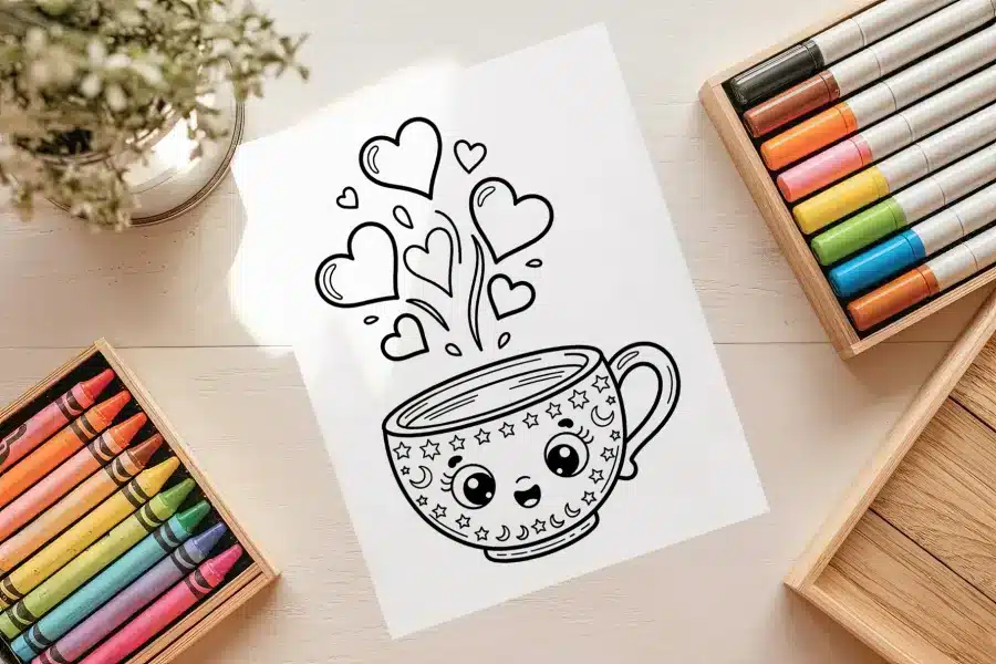 Kawaii Cup of Love Coloring Page - free printable aesthetic coloring sheet of a cute teacup with hearts and "a cup of LOVE" text