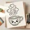 Line Drawing Of A Cute Cartoon Mug With Hearts And Stars Steaming From It.
