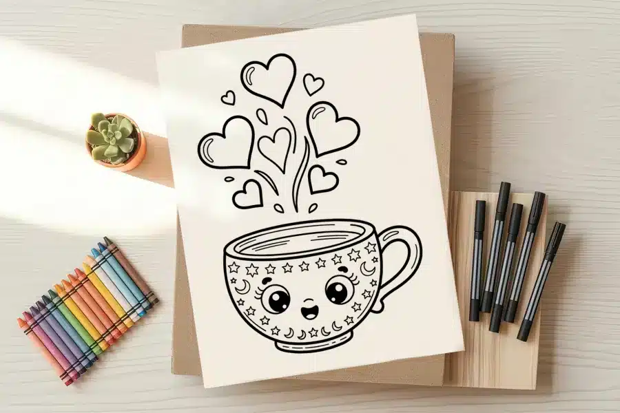 Line drawing of a cute cartoon mug with hearts and stars steaming from it.
