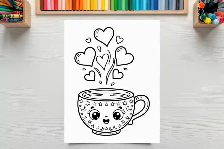 Line Drawing Of A Cute Mug With Hearts Steaming From It.