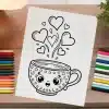 A Coloring Page Featuring A Cute Cartoon Mug With Hearts Steaming From It.