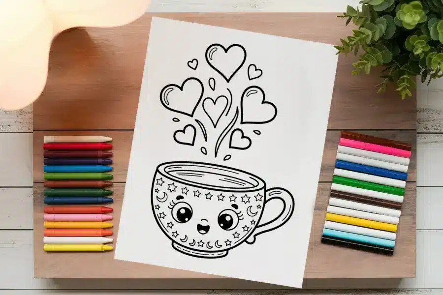 A Coloring Page Featuring A Cute Cartoon Mug With Hearts Steaming From It.