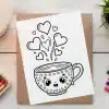 Line Drawing Of A Cute Mug With Stars And Moons, Hearts Floating Above It.