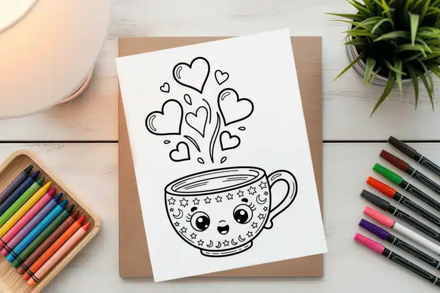 Line Drawing Of A Cute Mug With Stars And Moons, Hearts Floating Above It.