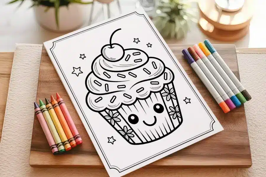A Coloring Page Featuring A Cute Cupcake With A Cherry On Top.