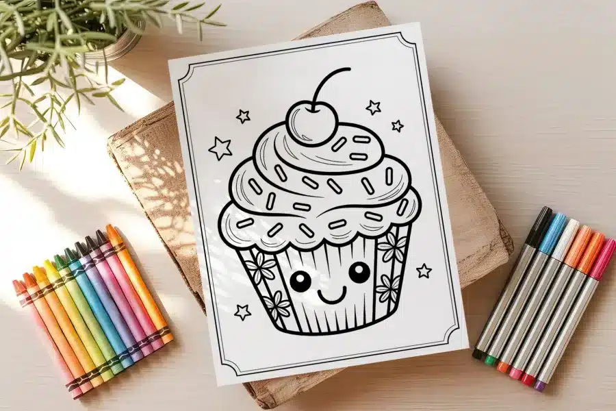 A Coloring Page Featuring A Cute Cupcake With A Cherry On Top.
