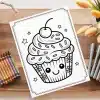 A Coloring Page Featuring A Cartoon Cupcake With A Cherry On Top And A Smiling Face.