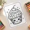 Kawaii Cupcake With Cherry Coloring Page - Free Printable Aesthetic Coloring Sheet Of A Kawaii Cupcake With Face And Stars