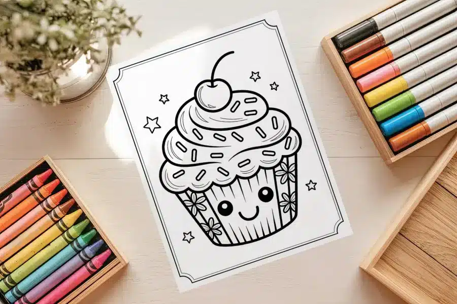 Kawaii Cupcake with Cherry Coloring Page - free printable aesthetic coloring sheet of a kawaii cupcake with face and stars