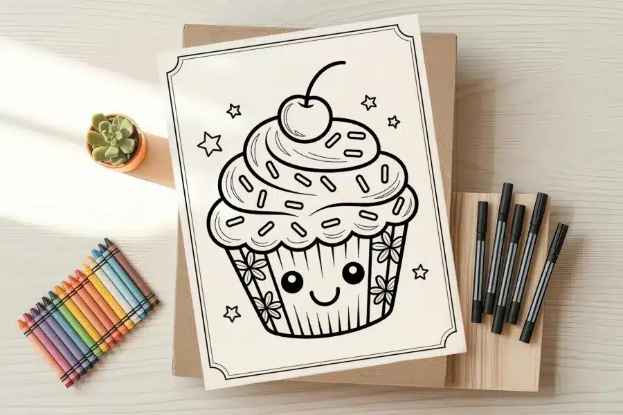 A coloring page featuring a cute cupcake with a cherry on top.