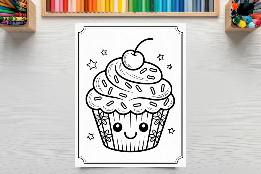 A Coloring Page Featuring A Cute Cupcake With A Cherry On Top.