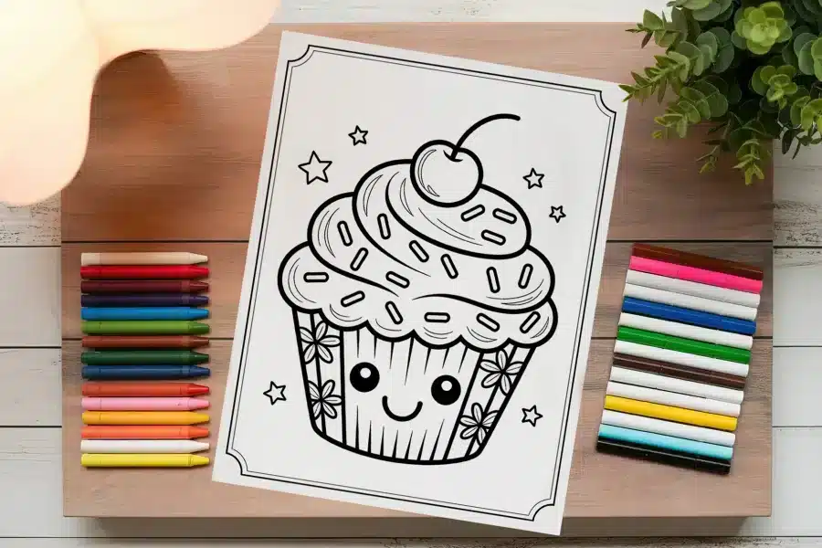 A Coloring Page Featuring A Cute Cupcake With A Cherry On Top.