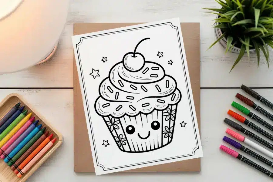 A Coloring Page Featuring A Cute Cupcake With A Cherry On Top And Smiling Face.