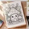 Coloring Page Of A Cute Mushroom House Surrounded By Flowers And Smaller Mushrooms.