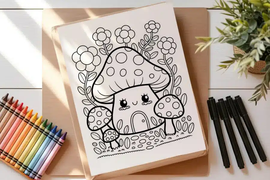 Coloring Page Of A Cute Mushroom House Surrounded By Flowers And Smaller Mushrooms.