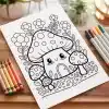 A Coloring Page Featuring A Cute Mushroom House Surrounded By Flowers And Smaller Mushrooms.