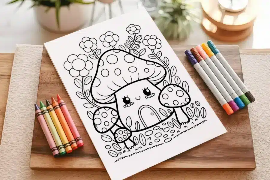 A Coloring Page Featuring A Cute Mushroom House Surrounded By Flowers And Smaller Mushrooms.