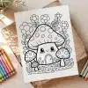 A Coloring Page Featuring A Cute Mushroom House Surrounded By Flowers And Smaller Mushrooms.