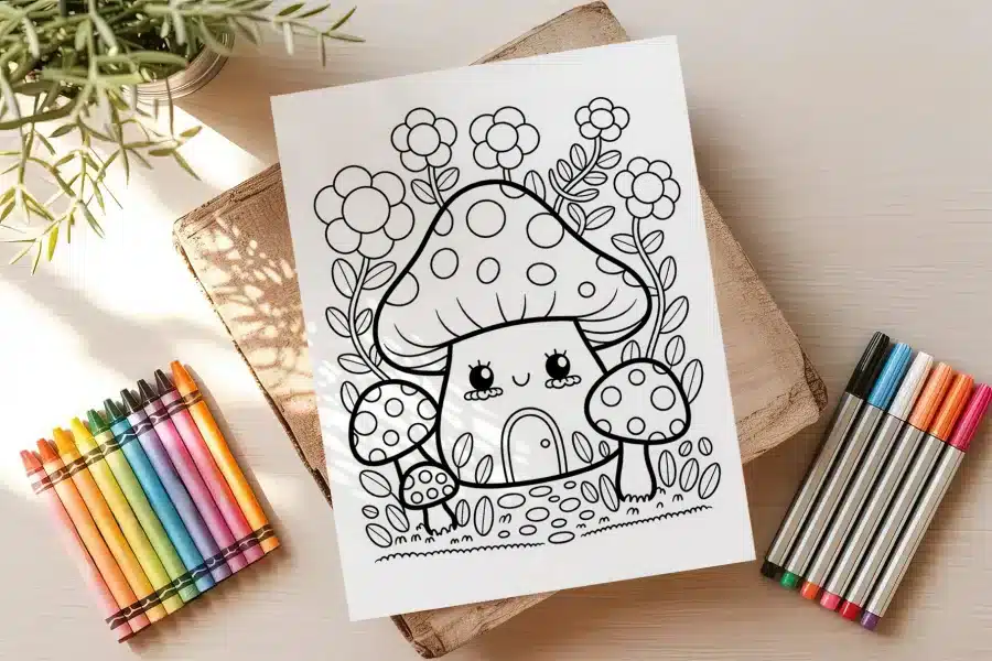 A Coloring Page Featuring A Cute Mushroom House Surrounded By Flowers And Smaller Mushrooms.