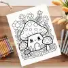 A Coloring Page Featuring A Cute Cartoon Mushroom House Surrounded By Flowers.