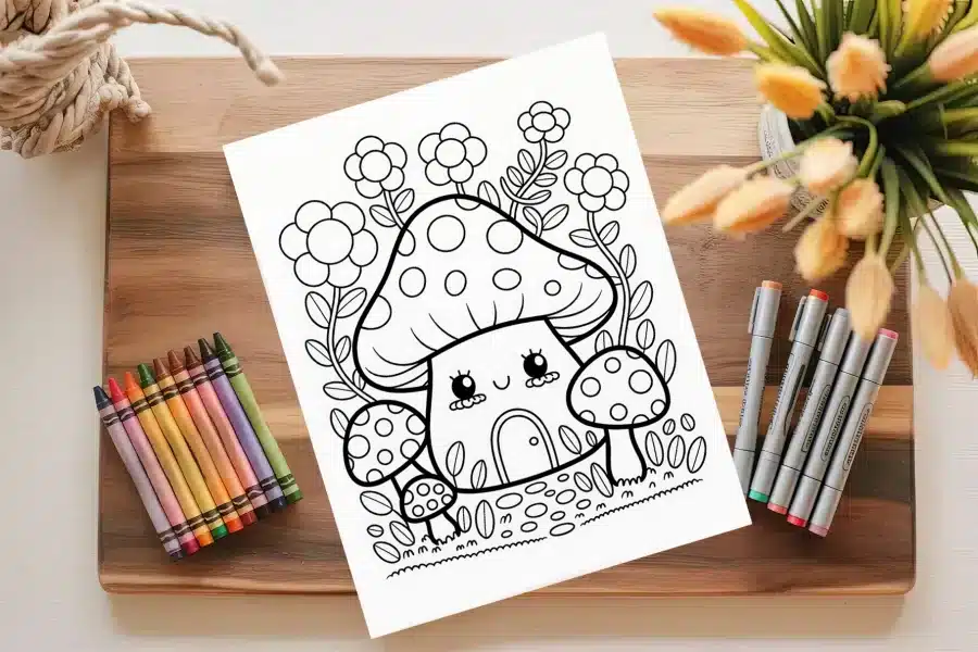 A Coloring Page Featuring A Cute Cartoon Mushroom House Surrounded By Flowers.