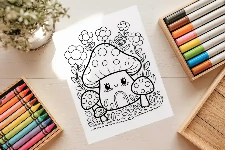 Kawaii Mushroom House Coloring Page - free printable aesthetic coloring sheet of a cute mushroom house with flowers