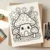 A Coloring Page Featuring A Cute Cartoon Mushroom House Surrounded By Flowers And Smaller Mushrooms.