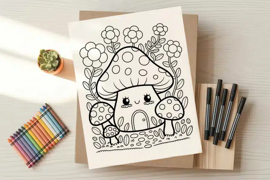 A coloring page featuring a cute cartoon mushroom house surrounded by flowers and smaller mushrooms.