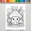 A Coloring Page Featuring A Cute Mushroom House Surrounded By Flowers And Smaller Mushrooms.