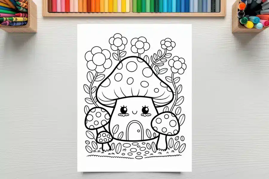 A Coloring Page Featuring A Cute Mushroom House Surrounded By Flowers And Smaller Mushrooms.