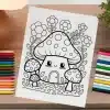 Coloring Page Featuring A Cute Cartoon Mushroom House Surrounded By Flowers And Smaller Mushrooms.