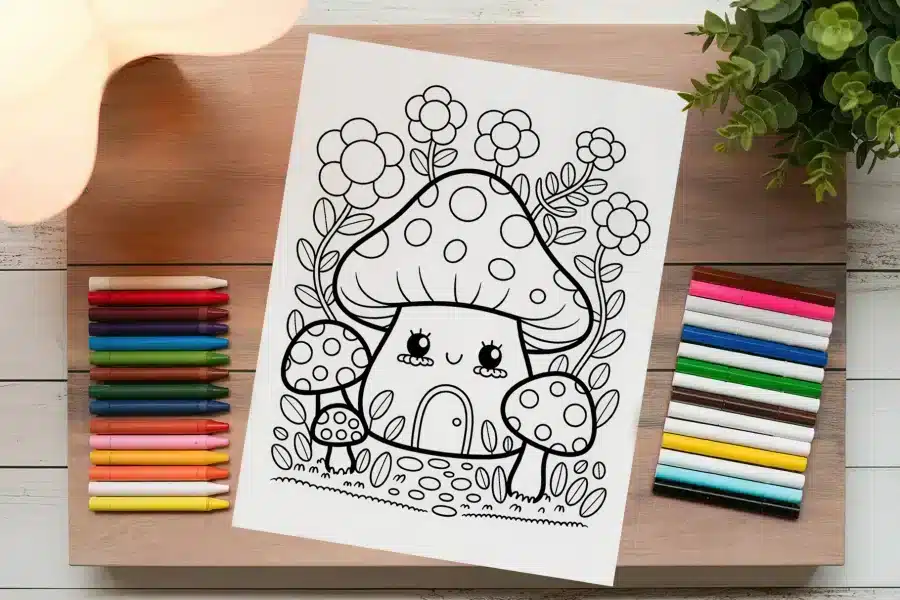 Coloring Page Featuring A Cute Cartoon Mushroom House Surrounded By Flowers And Smaller Mushrooms.