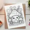 A Coloring Page Featuring A Cute Mushroom House Surrounded By Flowers And Smaller Mushrooms.