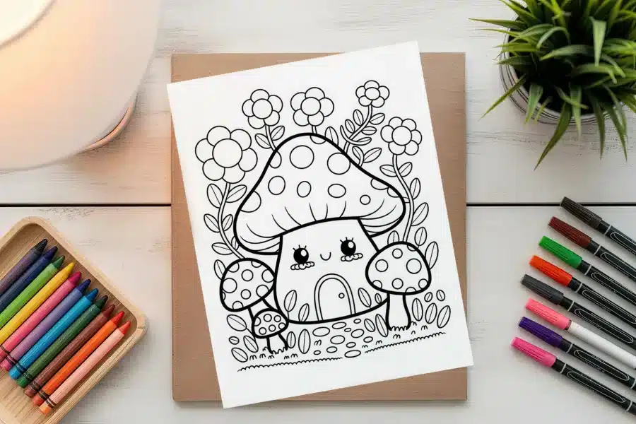 A Coloring Page Featuring A Cute Mushroom House Surrounded By Flowers And Smaller Mushrooms.