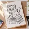 Line Drawing Of A Kitten Wearing A Bow Tie Sitting On A Stack Of Books Labeled Adventure, Mystery, And Dreams.