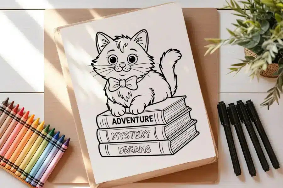 Line Drawing Of A Kitten Wearing A Bow Tie Sitting On A Stack Of Books Labeled Adventure, Mystery, And Dreams.