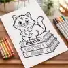 Line Drawing Of A Kitten Wearing A Bow Tie Sitting On A Stack Of Books Titled Adventure, Mystery, And Dreams.