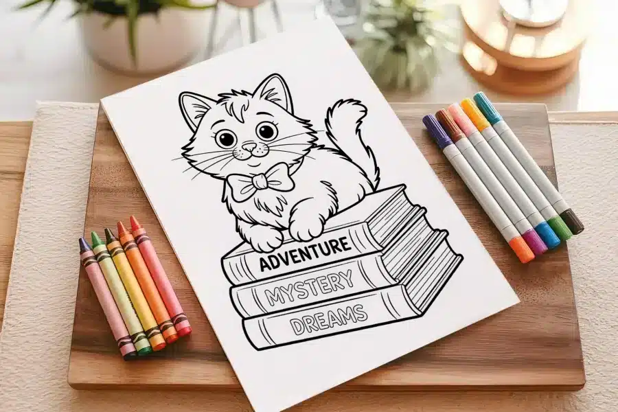 Line Drawing Of A Kitten Wearing A Bow Tie Sitting On A Stack Of Books Titled Adventure, Mystery, And Dreams.