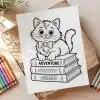Line Drawing Of A Kitten Wearing A Bow Tie Sitting On A Stack Of Books Labeled Adventure, Mystery, And Dreams.