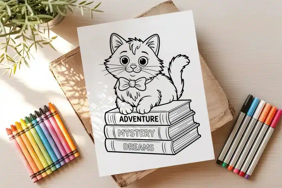 Line Drawing Of A Kitten Wearing A Bow Tie Sitting On A Stack Of Books Labeled Adventure, Mystery, And Dreams.
