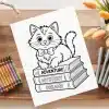 A Coloring Page Featuring A Cute Kitten Wearing A Bow Tie And Sitting On A Stack Of Books Labeled Adventure, Mystery, And Dreams.