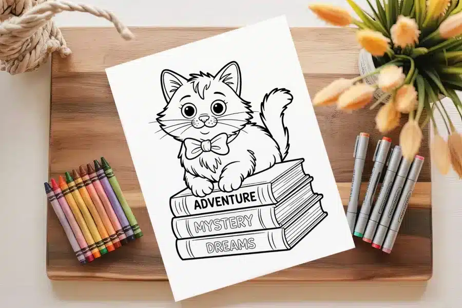 A Coloring Page Featuring A Cute Kitten Wearing A Bow Tie And Sitting On A Stack Of Books Labeled Adventure, Mystery, And Dreams.