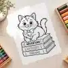 Kitten Adventure Books Coloring Page - Free Printable Aesthetic Coloring Sheet Of A Kitten On A Stack Of Books