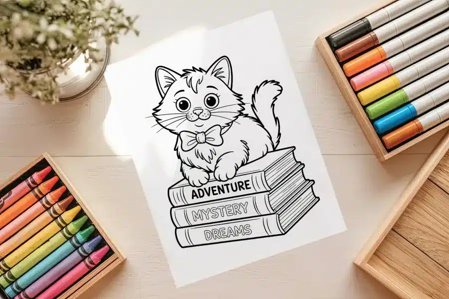 Kitten Adventure Books Coloring Page - free printable aesthetic coloring sheet of a kitten on a stack of books